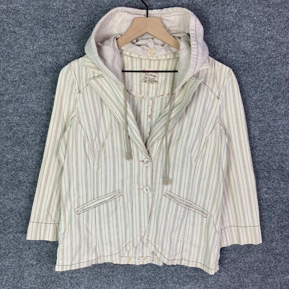 Free People‎ Womens Sz Medium Striped Detachable Hooded 3/4 Sleeve Blazer Jacket